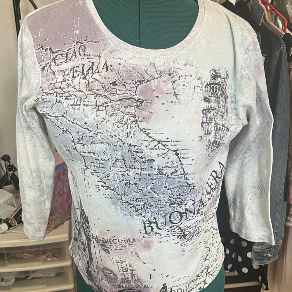 Nicole Miller Teal and Gray Long Sleeve Top
